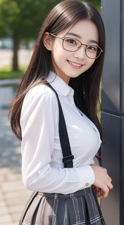 little girl.................,, in front of a  school、Attach skirt with suspenders、Long-sleeved white shirt、Plaid skirt、,Black-framed glasses , Sakimichan,, Pretty and cute, Innocent smile,  , Lovely smile, Sakimichan HDRI、 Large target 、,(巨Large target乳房:1...