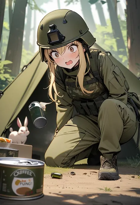 detailed portrait of a woman, blonde hair, sitting in a forest field, wearing a camouflage helmet, 1 girl, modern soldier, olive drab military tent, canned food, cup of coffee, military trucks in the background, rabbit about to pounce, surprised expression...