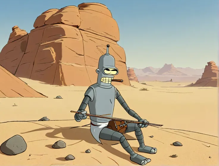 Bender playing erhu sitting at Rock in Desert, Style of Jamie Hewlett 