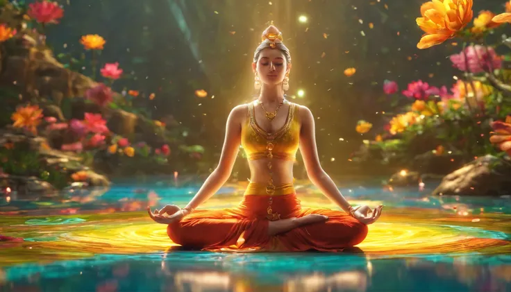 Yoga position light spectrum with 7 chakras around, Vibrante Color Rush Color Explosion, Beautiful Caucasian woman sitting on a water lily, Complicated stuff, Complex background, spiritual, god聖な, dream, Cosmic, Blowing the mind, god, pineal gland, dream l...