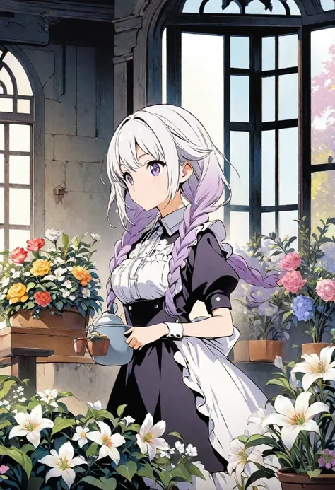 Best Quality,Official art,the Extremely Detailed CG Unity 8K Wallpapers,Slight retro color,riso print style,Illustration,Cute,1 girl,Wearing maid outfit, yinji, purple hair, purple eyes, long hair, white hair, double braids, gradient hair, Flowers,Window,f...