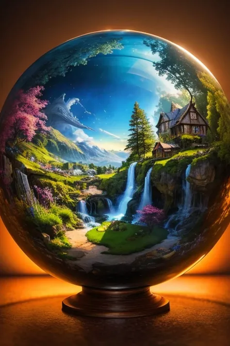 A  glass sphere sculpture, concealed inside the sphere is a Hobbits village, Waterfall, in the day, detailed image, 8k high quality detailed, shaped sphere, amazing wallpaper, digital painting highly detailed, 8k UHD detailed oil painting, beautiful art UH...