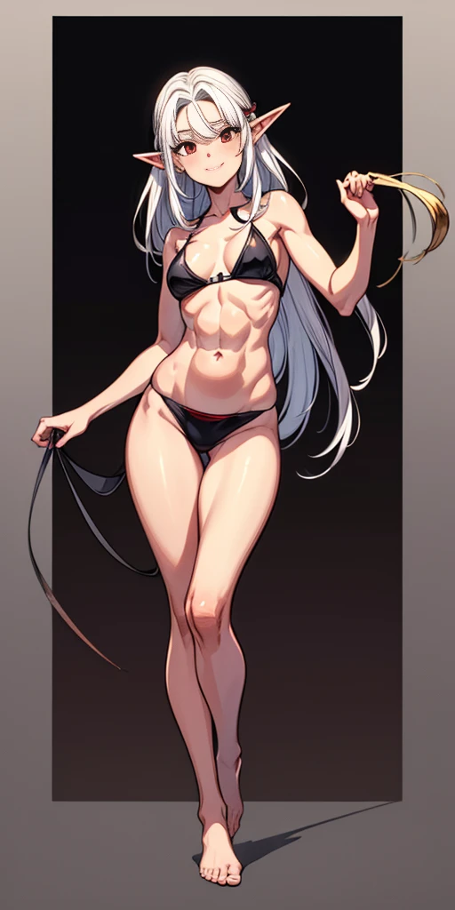 (Masterpiece, plain background:1.2) 1sologirl female full body, standing straight symmetrical barefoot barehands together looking to camera view from farther shot below angle, strong abs, red cheeks smiling, dark elf, darkest blacked elf skin, long mess wh...