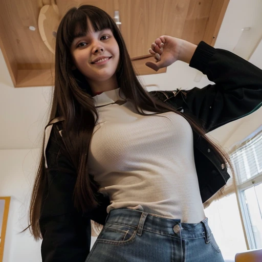 Super tall young student,((3 meters tall)) massive chested, thich thighs, head touching The ceiling, ((worlds tallest woman)), full body picture, 13 years old teen. Black hair, red cheeks, smiling, cute, long hair, bangs, big eyes, in school. Fully clothed...