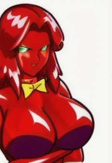  high quality, Very detailed, Perfect Face, Red Slime Body, Green Eyes, Yellow bow tie, Melting thighs, wrist, ((Dissolves hair, Jamanen)) ,Big Breasts,Long Hair,Shaking body,Arms crossed