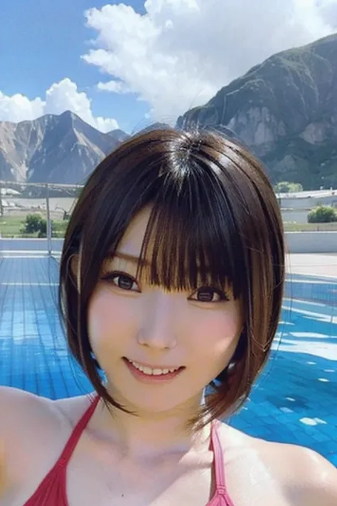 A cute, beautiful, voluptuous Japanese woman in her late 20s with medium-long bob haircut, skydiving at 4000 meters above sea level.、They are having so much fun that they are spreading their arms and legs out in excitement.、She looks great in a micro bikin...