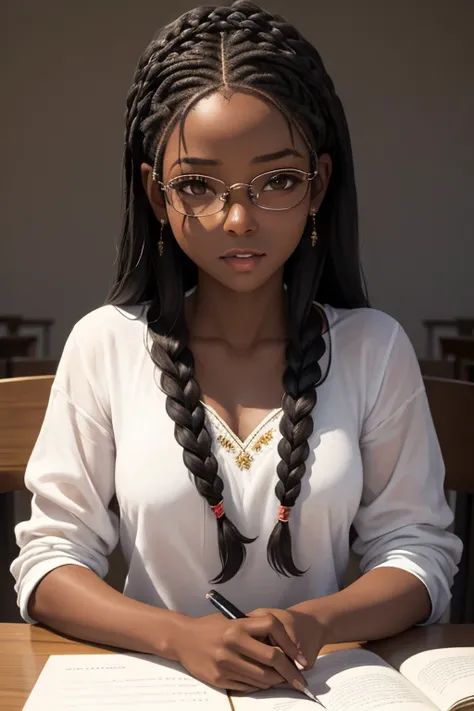 (obra maestra, mejor calidad), Deep Ebony 1 Girl, hermoso rostro, trenzas que cuelgan libremente, feliz, estudiando sentada en la mesa, escribiendo, concentrada, con gafas doradas