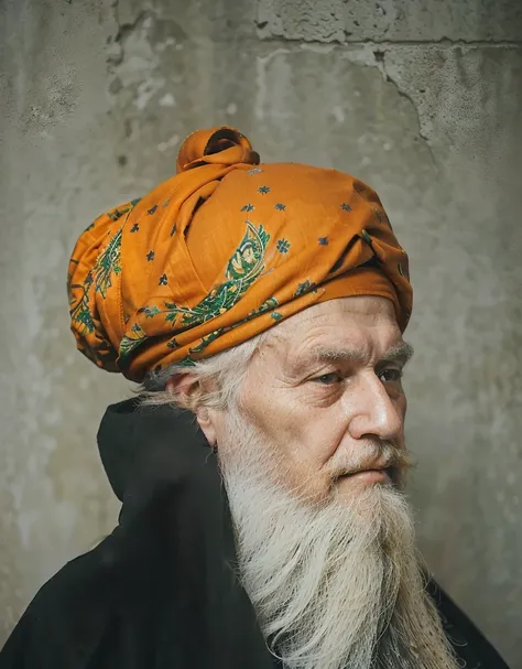 there is a old white man with a long beard and a orange turban on, wearing black muslim clothes