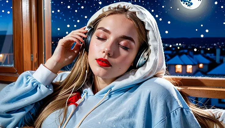 lofi style young pretty woman, daydreaming, wearing oversized very long sport blouse with long sleaves and hood, high cotton white socks, headphones on, long light brown hair, big light blue eyes, hot red lipstick, eyes closed, she is laying on the bead by...