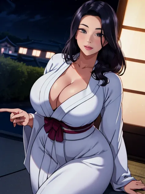 (night:1.7), Japan, Tokyo, city View, in front of the window,
Looking at the audience, (charming appearance:1.2), Happy, 笑Face,
(White_kimono:1.3),cleveage,
Black_hair, length_hair, hair_pull_return,separate_Lips,purple_Eye, Weaving,
1 girl, 24 years old,M...