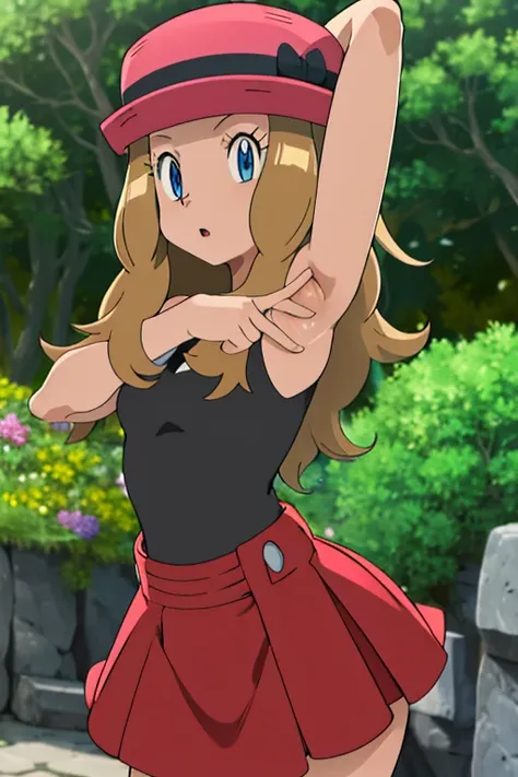 masterpiece, best quality, highres, outdoors, 1girl, solo, serena (pokemon), pink headwear, red skirt, black shirt, bare shoulde...