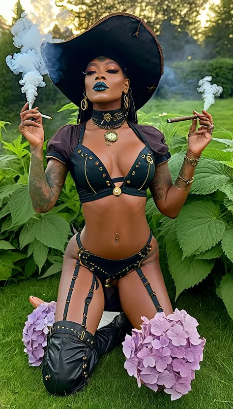 ((definite ((black ((Haitian)) Steampunk sorceress woman)) Roll up a joint of grass outside, while the alchemy kit bubbles and smokes, (in a detailed flowy outfit), (Cannabis flower tattoos on arms and legs), High quality photo, relaxing and smoking in the...