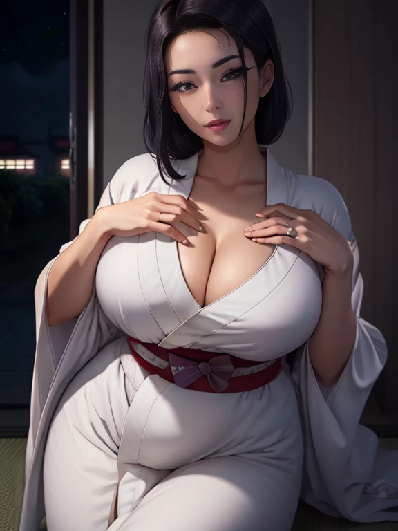 (night:1.7), Japan, Tokyo, city View, in front of the window,
Looking at the audience, (charming appearance:1.2), Happy, 笑Face,
(White_kimono:1.3),cleveage,
Black_hair, length_hair, hair_pull_return,separate_Lips,purple_Eye, Weaving,
1 girl, 24 years old,M...