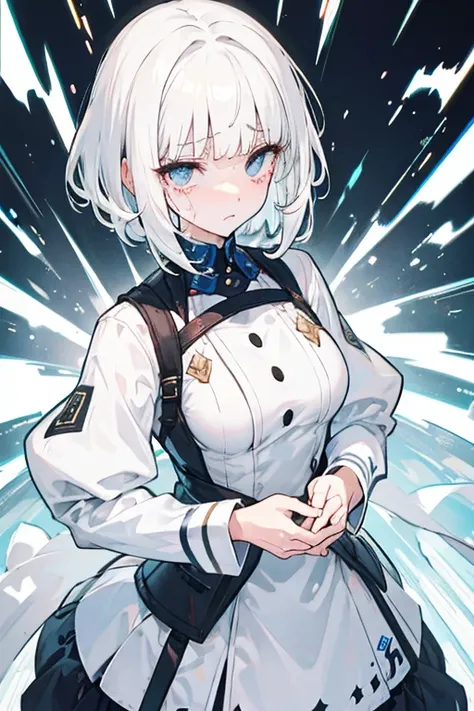 white hair, blunt bangs, short hair, wavy hair, crazy, expressionless eyes, crying, scared, pain, 8k, super detail, ccurate, best quality, two people