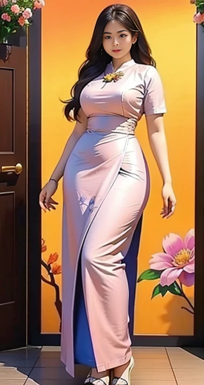 Burmese girl with attractive curvy full body.  Friends full-length bikini, ( dress) reflective long dress painted with flower patterns, only dress.  hi gh hips  High resolution  High resolution  natural background  High resolution  HD  3D,  8K cartoon anim...