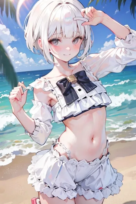 white hair, blunt bangs, short hair, wavy hair, smirk, smile, blush, 8k, super detail, ccurate, best quality