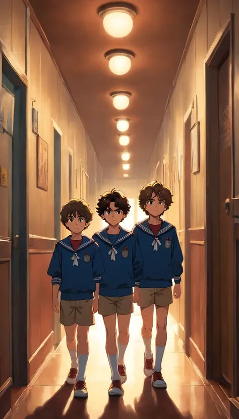 Three young boys dressed in vintage sailor uniforms stand nervously in a dimly lit hallway, reminiscent of the Stranger Things style. The atmosphere is tense, with flickering lights and eerie shadows cast on the walls. Inspired by the aesthetic of Max Gubl...