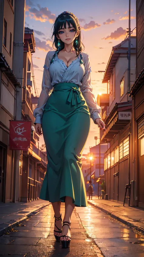 ((Best quality)), ((masterpiece)), (anime), a beautiful sexy woman walking  in a long skirt, a blouse and platform high heels, blue eyes, green hair, smooth skin, cleavage, ((full body)), smile, shoulders exposed, anime, green eyes, maomao, Under street li...