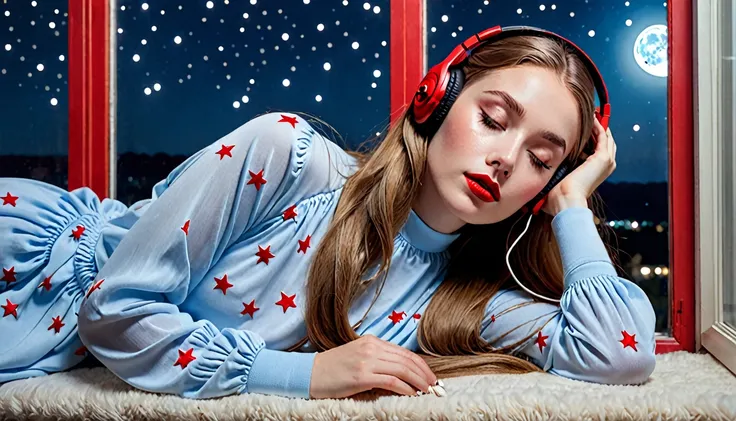 lofi style young pretty woman, daydreaming, wearing oversized very long sport blouse with long sleeves, high cotton white socks, headphones on, long light brown hair, big light blue eyes, hot red lipstick, eyes closed, she is laying on the bead by the wind...