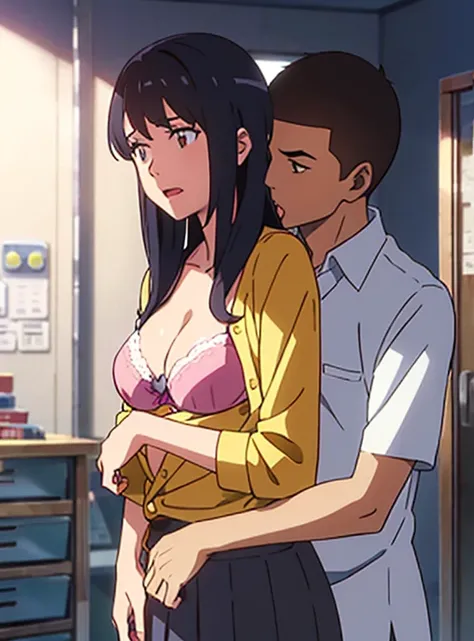 shinkai makoto, kimi no na wa., 1boy, buzzcut,office suit, boy caressing girls body, kiss cheeks, passionate hug, boy is hugging from behind, breast groping from behind, 1girl, bangs, black hair, open mouth, brown eyes, Twisted Half Up, red ribbon, long ha...