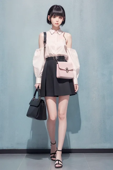 Illustration of a girl wearing a short skirt, hand bag, Full body character sheet, Full body illustration, Full body painting, Detailed full body concept, Official character illustration, fashion model walking pose, Tokyo girls collection, Pastel Colors dr...