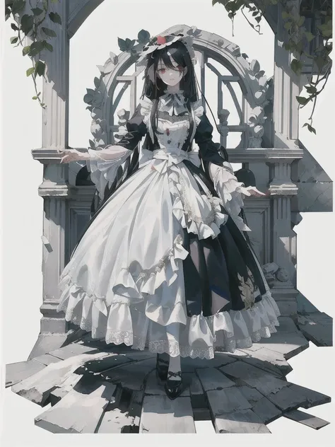 (masterpiece, top quality, best quality, official art, beautiful and aesthetic:1.2), 1girl, long black straight hair,  solo, standing in garden, looking at viewer, white lolita_dress, 