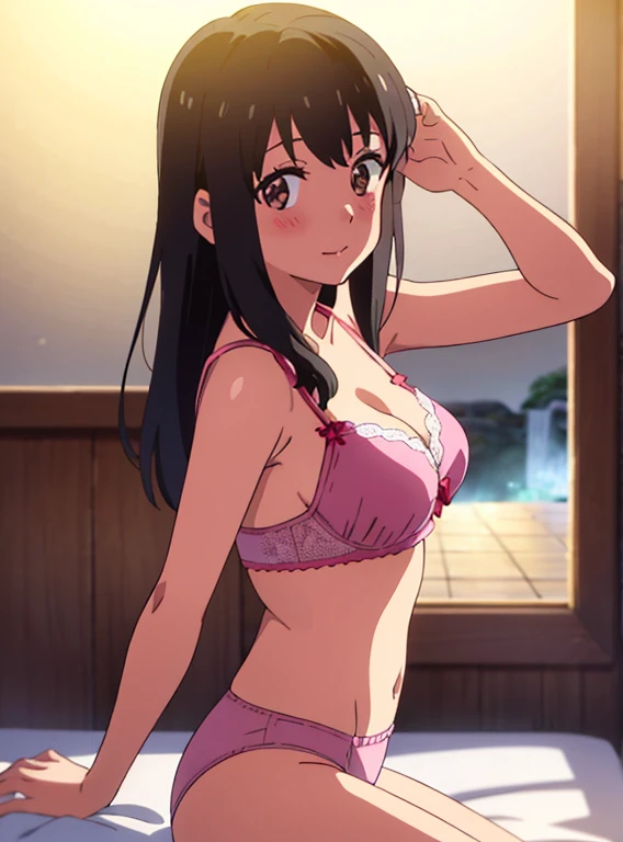 shinkai makoto, kimi no na wa., 1girl, bangs, black hair, brown eyes, waterfall braid, red ribbon, long hair, solo, blush, looking at the viewer, arms up, sexy pose, cute, bedroom, night, lamp, light off, light pink bra, breast, medium breast, light pink p...