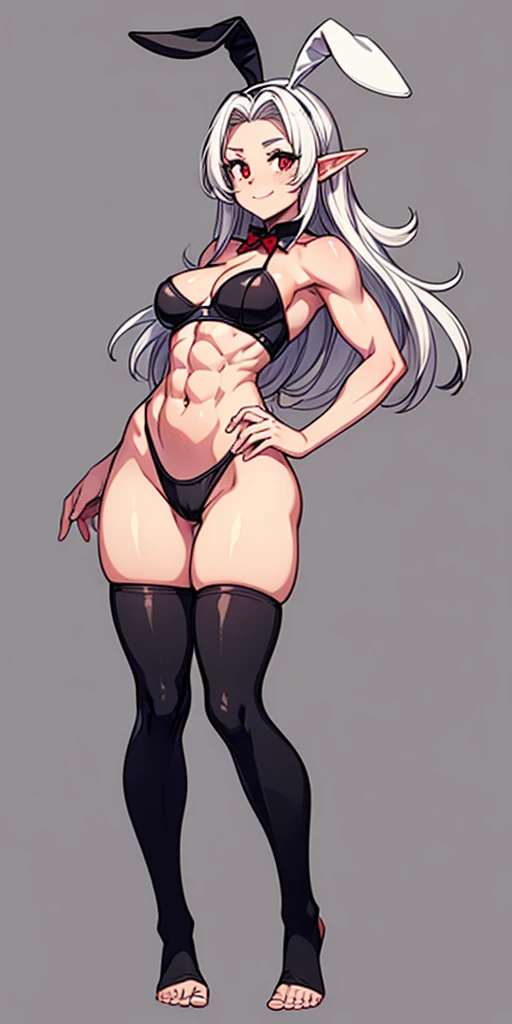 (Masterpiece, plain background:1.2) 1sologirl female full body, standing straight symmetrical barefoot barehands together looking to camera view from farther shot below angle, strong abs, red cheeks smiling, dark elf, darkest blacked elf skin, long mess wh...