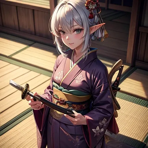 Adult elf wearing a kimono　Holding a Japanese sword　Glaze-colored hair