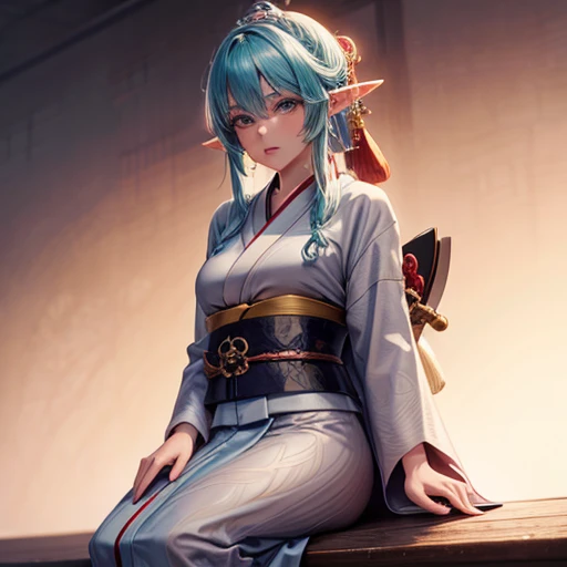 Adult elf wearing a kimono　Holding a Japanese sword　Glaze-colored hair