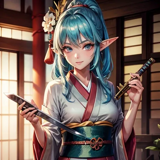 Adult elf wearing a kimono　Holding a Japanese sword　Glaze-colored hair