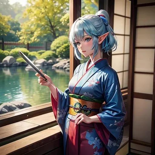 Adult elf wearing a kimono　Holding a Japanese sword　Glaze-colored hair