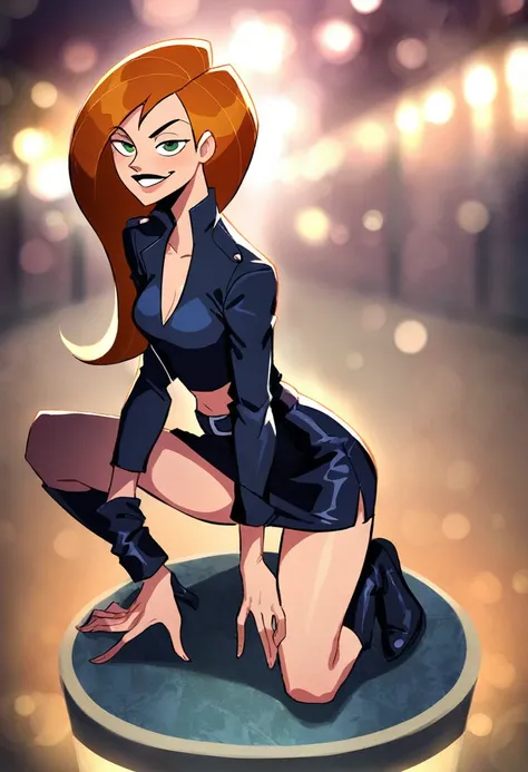 score_9, score_8_up, score_7_up, score_6_up, score_5_up, (high quality, detailed, beautiful), detailed soft lighting, rating_explicit, 1girl, (Kim Possible, orange-red hair:1.5), (black biker jacket over black crop top:1.1), (black leather mini skirt:1.2) ...