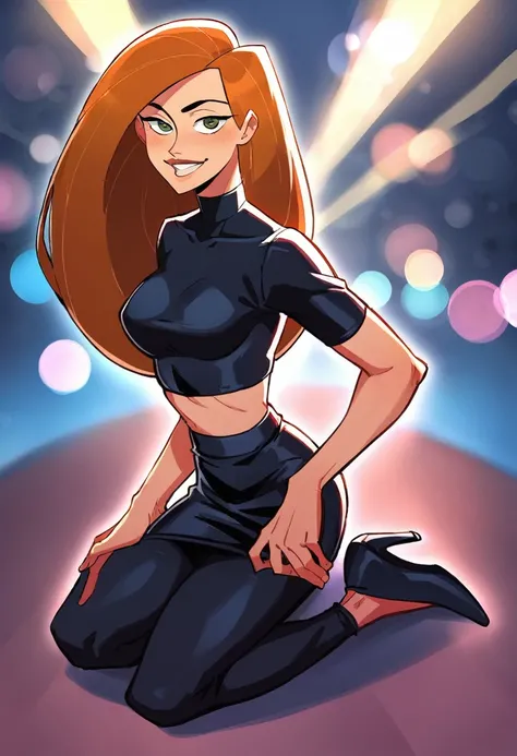 score_9, score_8_up, score_7_up, score_6_up, score_5_up, (high quality, detailed, beautiful), detailed soft lighting, rating_explicit, 1girl, (Kim Possible, orange-red hair:1.5), (black biker jacket over black crop top:1.1), (black leather mini skirt:1.2) ...