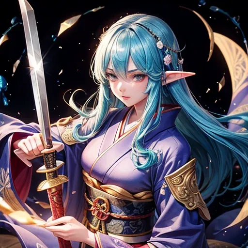 An adult elf with sapphire hair and wearing a kimono holding a Japanese sword　A detailed drawing of a Japanese sword　　