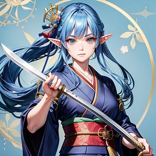 An adult elf with sapphire hair and wearing a kimono holding a Japanese sword　A detailed drawing of a Japanese sword　　