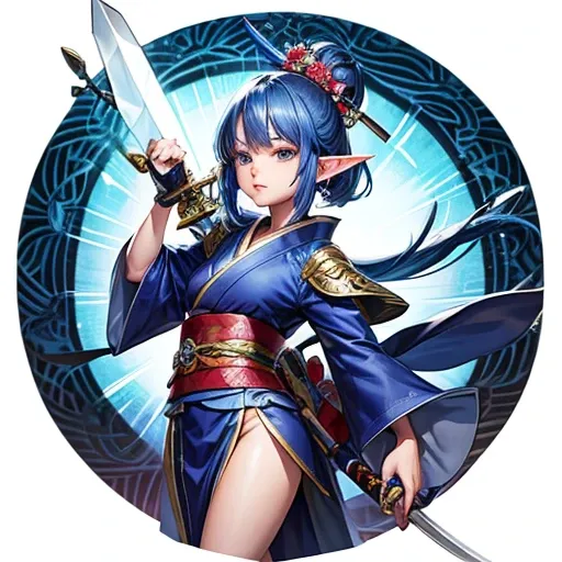 An adult elf with sapphire hair and wearing a kimono holding a sword　Draw a sword in detail　　