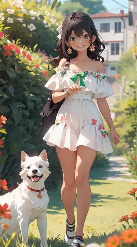 realisticlying，（tmasterpiece，top Quority，best qualtiy），1 beautiful girl，Pet dogs，looking to the camera，coloured background，smile，Black  hair，，white short dress ，Red flowers and green grass