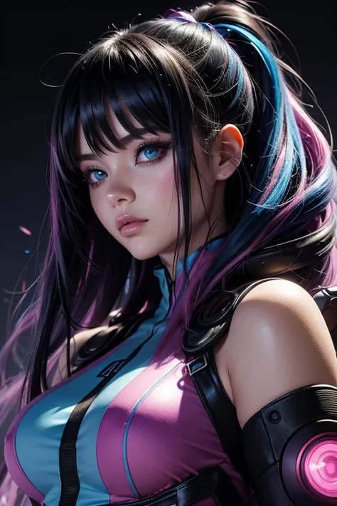 
detailed anime style,beautiful and stunning artwork, BEAUTIFUL FACE BEATIFUL EYES,shimmering shadows, strong colors, candy cotton pastell colors, a racoonwoman, black hair, blue eyes, cyberpunk background with pink and blue lights