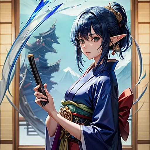 Adult elf with lapis lazuli hair wearing a kimono holding a Japanese sword　A detailed drawing of a Japanese sword　　