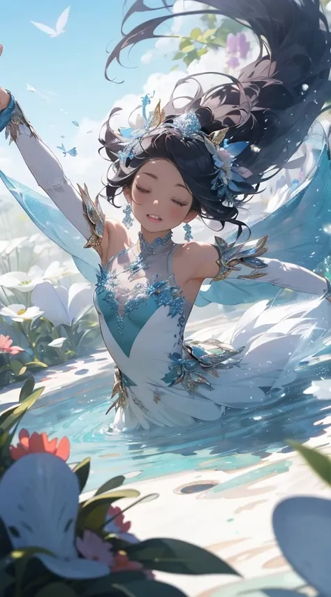 (extremely detailed, best quality), floating, an extremely delicate and beautiful dream-like scene,, , [(1girl),(long purple hair), detailed face, neck ribbon, elegant blue dress, standing on a cloud, (wide shot), (mysterious atmosphere):1.5],, , [(butterf...