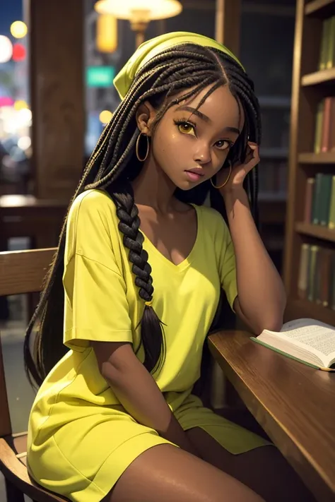 (masterpiece, best quality), deep ebony 1girl, beautiful face, freely hanging braids, library , cute, street clothing, beautify, Lofi vibe, green and yellow clothing, cute night vibe, concentrated, sitting