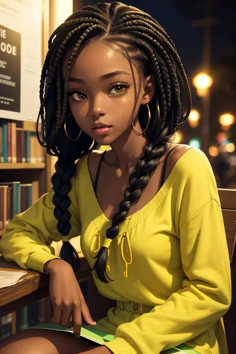 (masterpiece, best quality), deep ebony 1girl, beautiful face, freely hanging braids, library , cute, street clothing, beautify, Lofi vibe, green and yellow clothing, cute night vibe, concentrated, sitting