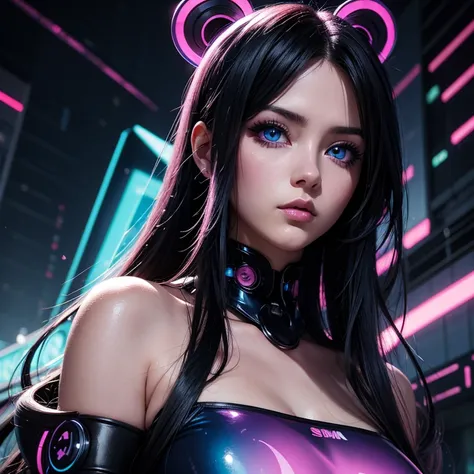 detailed anime style,beautiful and stunning artwork, BEAUTIFUL FACE BEATIFUL EYES,shimmering shadows, strong colors, candy cotton pastell colors, a racoonwoman, black hair, blue eyes, cyberpunk background with pink and blue lights