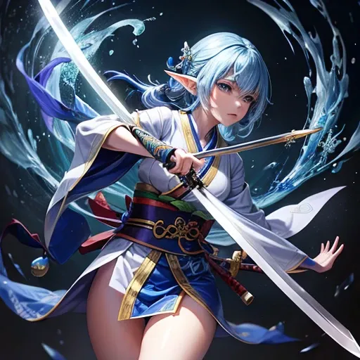 Adult elf with lapis lazuli hair wearing a kimono holding a Japanese sword　Accurately draw a Japanese sword　　