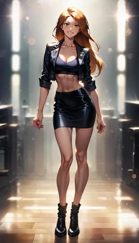 score_9, score_8_up, score_7_up, score_6_up, score_5_up, (high quality, detailed, beautiful), detailed soft lighting, rating_explicit, 1girl, (Kim Possible, orange-red hair:1.5), (black biker jacket over black crop top:1.1), (black leather mini skirt:1.2),...