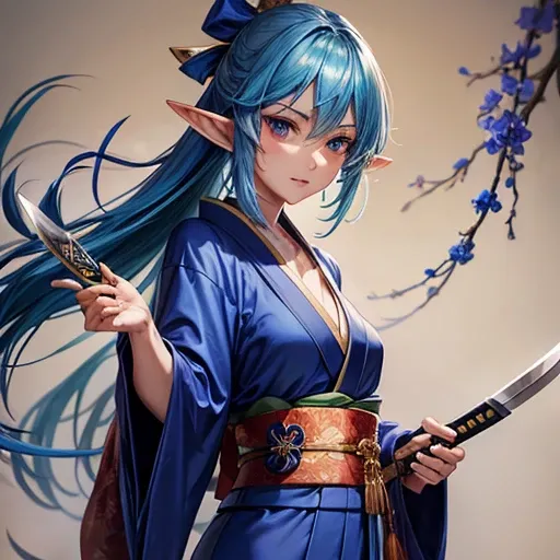 Adult elf with lapis lazuli hair wearing a kimono holding a Japanese sword　Knife 2