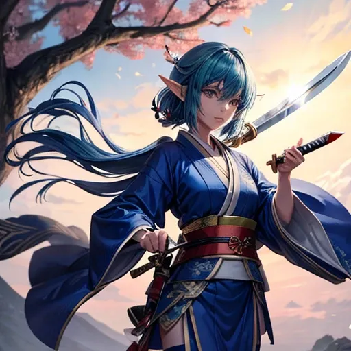 Adult elf with lapis lazuli hair wearing a kimono holding a Japanese sword　Knife 2