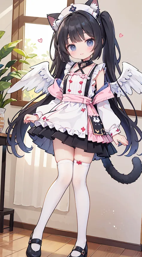 masterpiece,best quality,Official Art,Extremely detailed CG unity 8k wallpaper, beautiful girl, Kawaii,with her cat ears up, anime girl ,standing,indoor,Wearing white stockings,mini skirt,sleeveless tops,With very little angel wings,energetic and cute,blac...