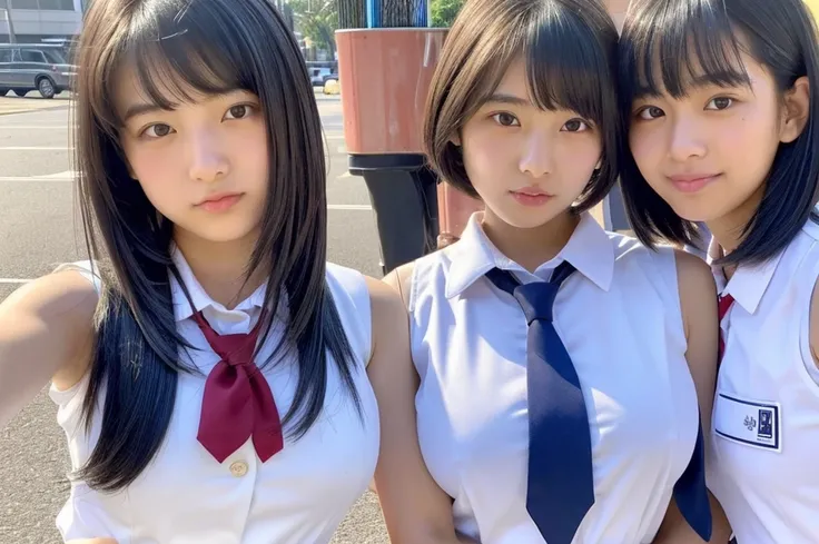 (Sleeveless uniform:1.3) high school girl　White cotton shirt　Big Breasts　Very detailed　super high quality　super high quality　Surreal　photograph　Three Japanese Girls　(Each girl has a different hairstyle randomly、A different face:1.3) 　Fair skin　16 years old...